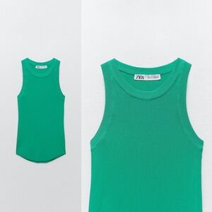 ZARA Extra Fine Rib Knit Tank Top, Green, Size Medium